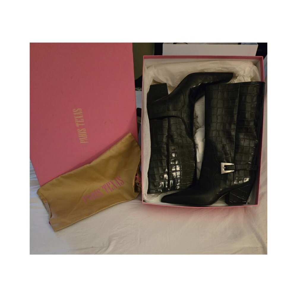 Paris Texas Black Jane Buckle Midcalf Boots  Mid-calf croc-embossed